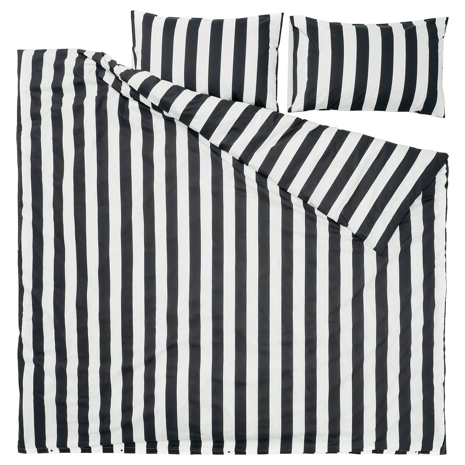 Black and white striped bedding set, includes duvet and pillowcases. Modern, striped design; crisp, durable fabric.