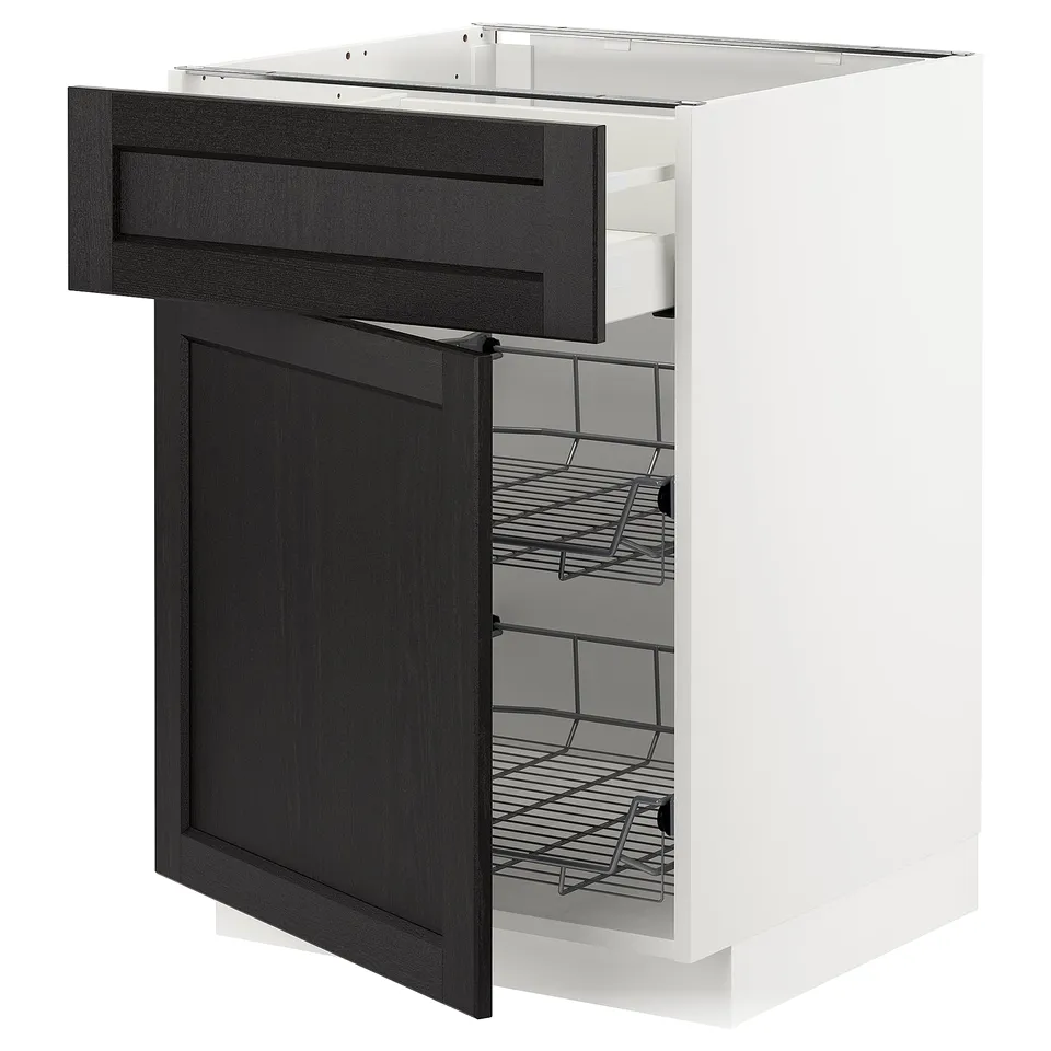 Modern kitchen cabinet: METOD, white & black stain, wood effect, wire racks, drawer open.