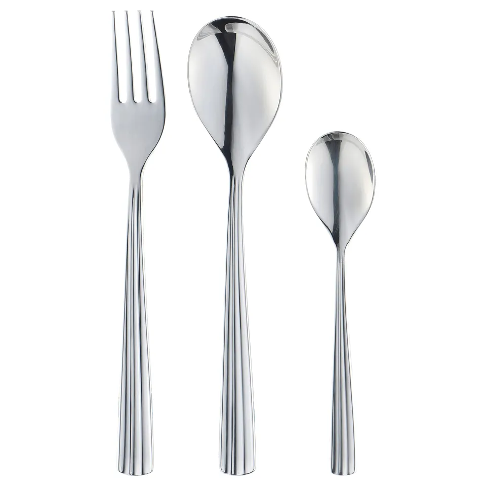 Three polished stainless steel cutlery items: fork, large spoon, small spoon. Sleek, modern design.