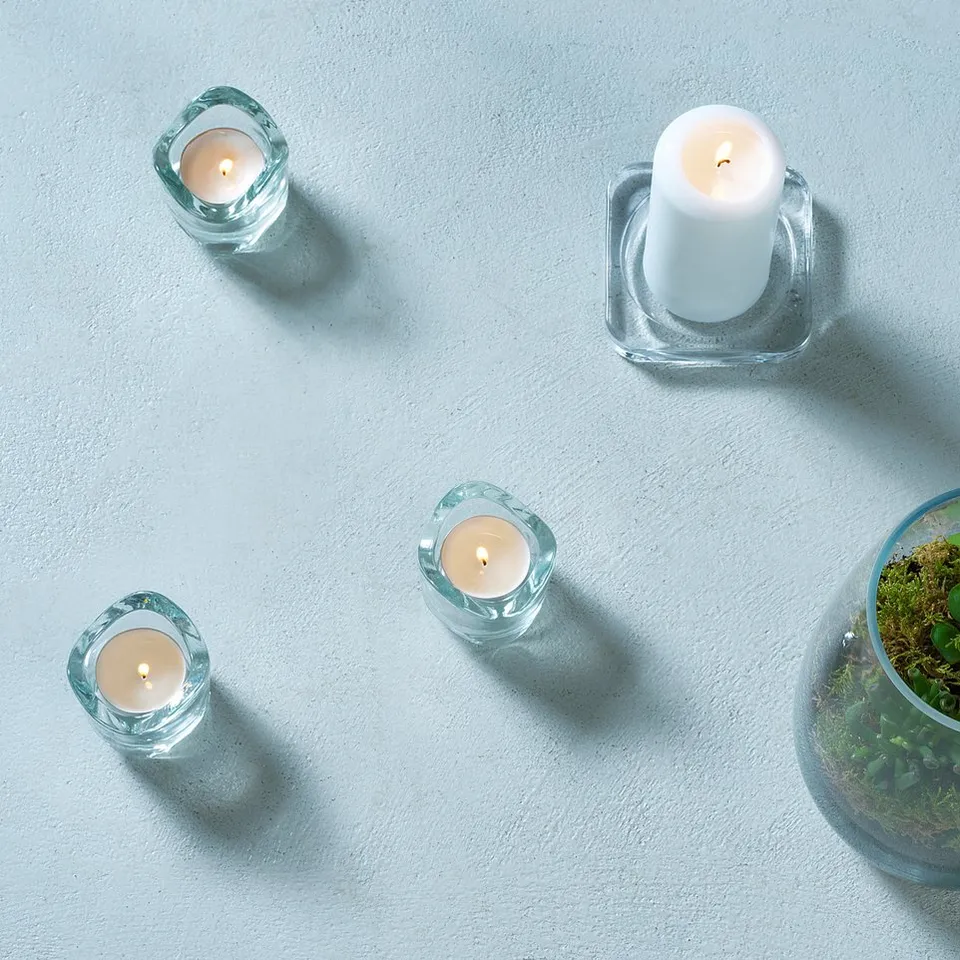 Six clear glass candle holders & dish with green plant. Simple & elegant design.