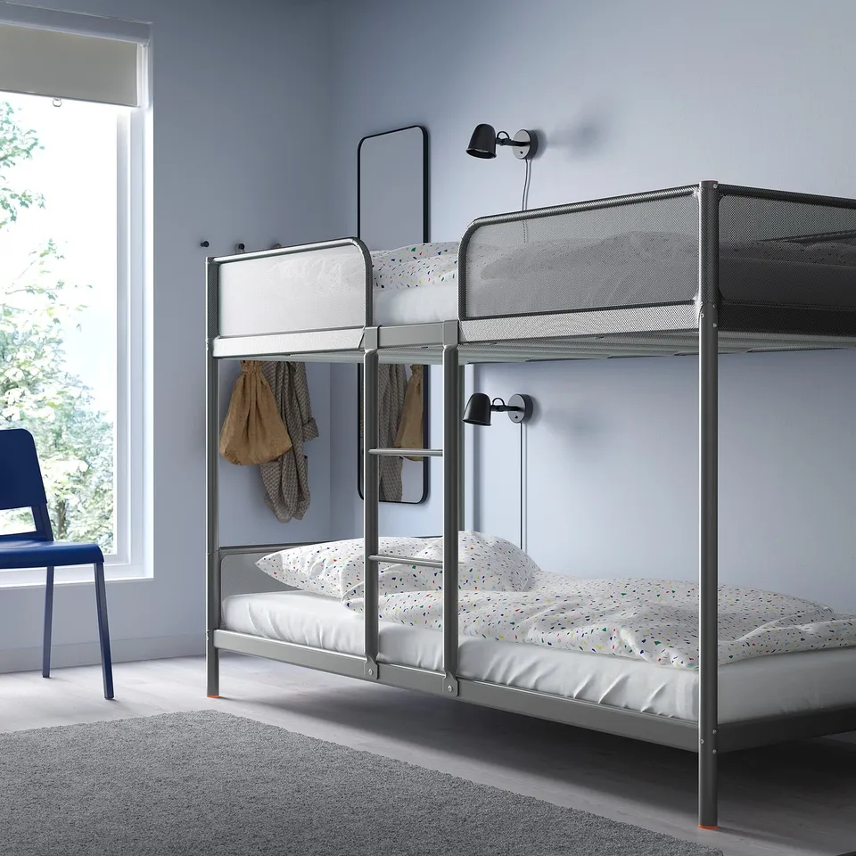 Grey metal & fabric TUFFING bunk bed, compact & safe for kids rooms.