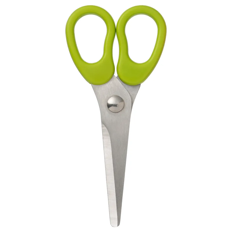 A pair of MÅLA scissors, bright green, child-safe, stainless steel blades, ergonomic handles.