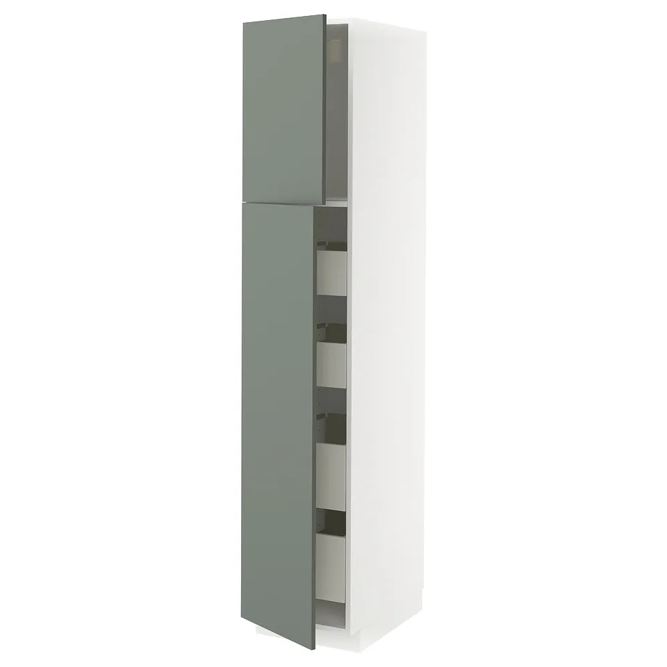 A tall, white and green kitchen cabinet from the METOD system with a modern, sleek design and multiple shelves inside.