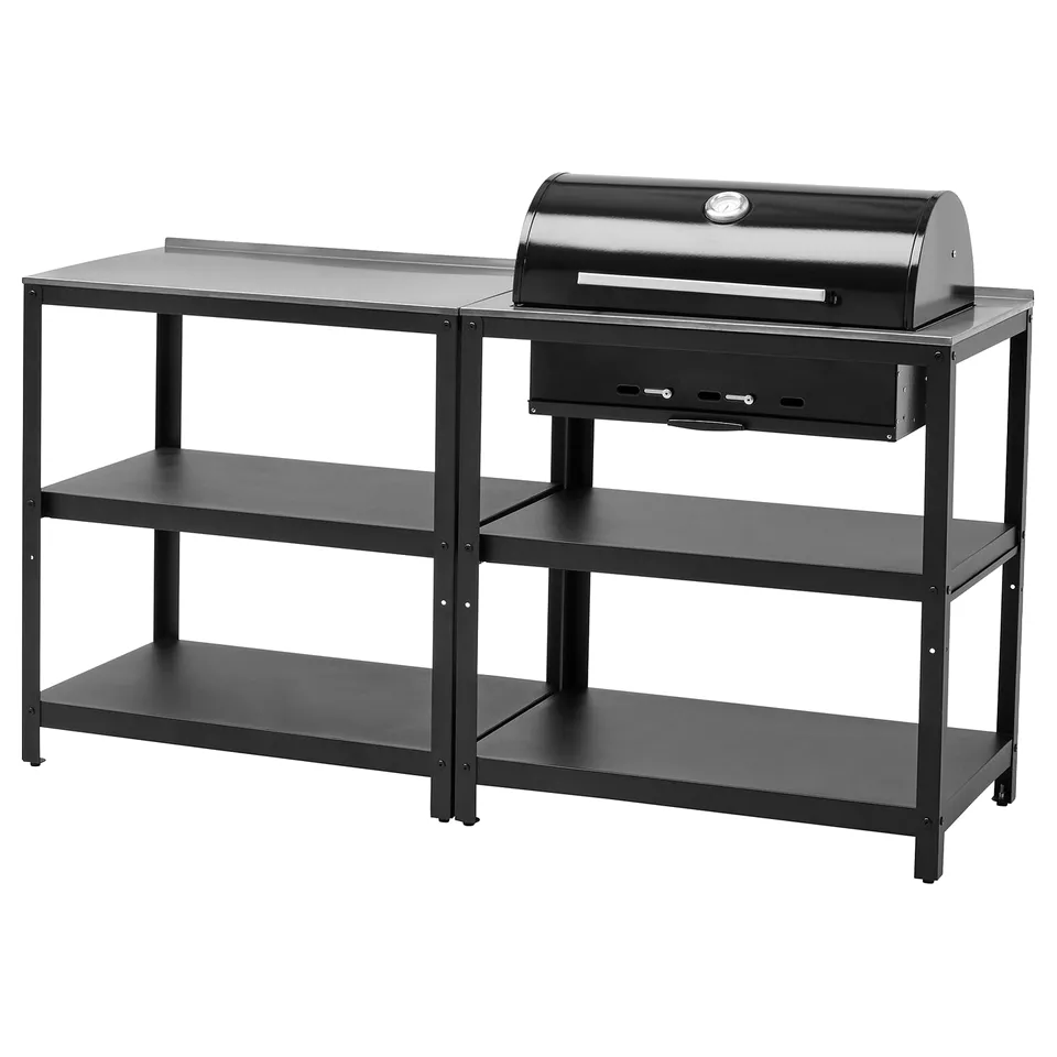 Black outdoor kitchen island with grill, storage, prep surface, stainless steel, thermometer.