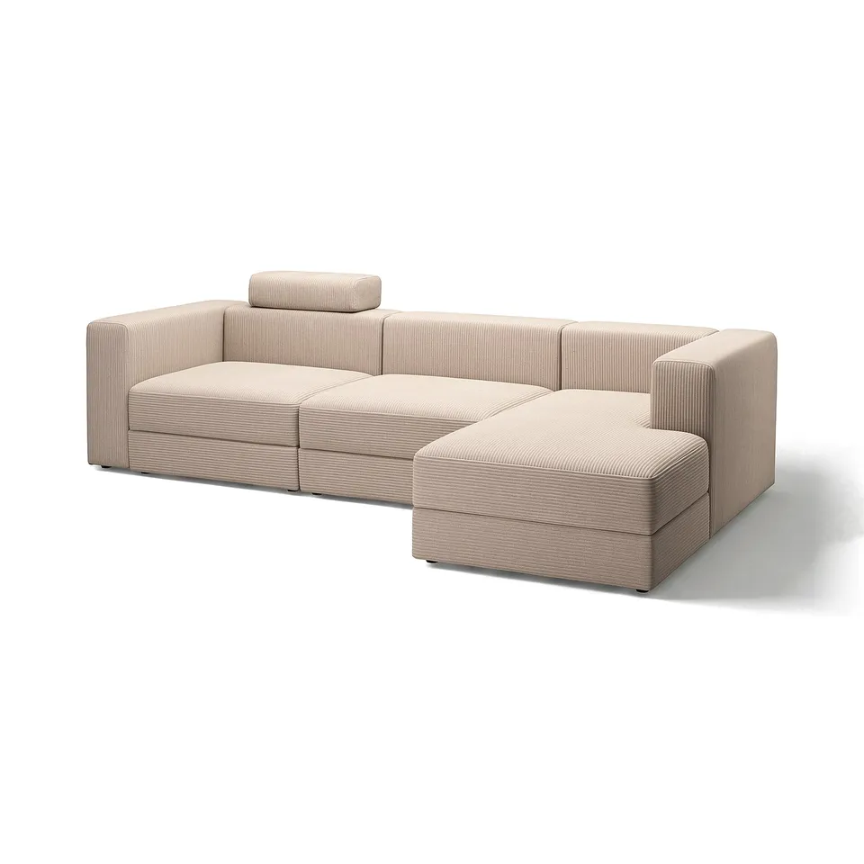 Modern beige modular sofa, soft cushions, streamlined design, includes chaise longue.
