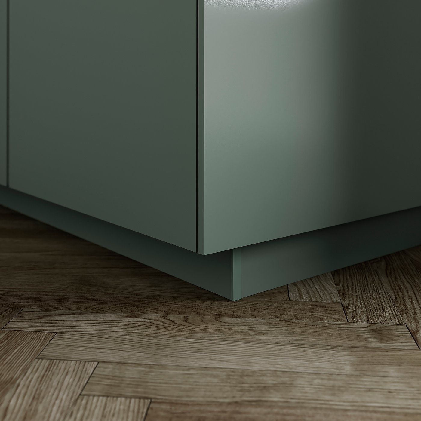 Close-up of modern grey-green kitchen cabinet base with stylish plinth, covering floor gap neatly, extending cabinets sleek design.