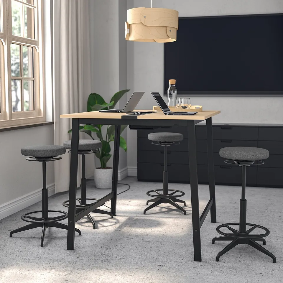 MITTZON conference table & stools, sleek black & wood, bright room w/large windows