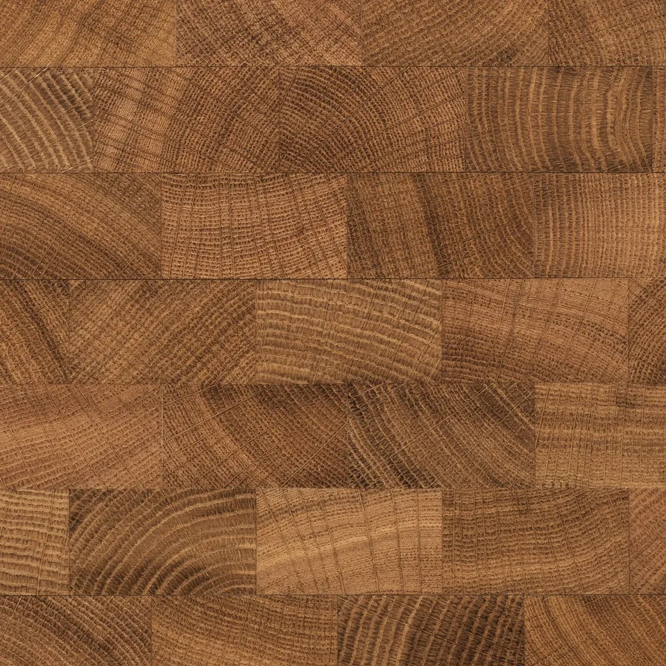 Small wooden blocks with various grain patterns create a textured, robust butcher block surface.
