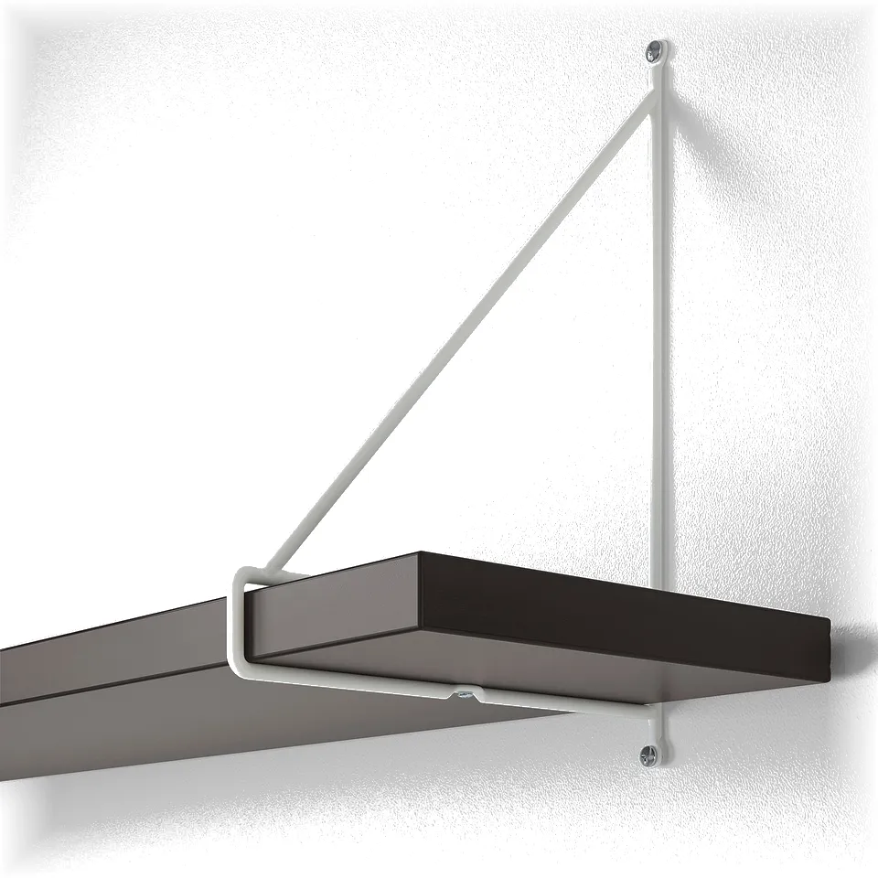 Wall-mounted shelf with modern design. Metal brackets support dark wood finish shelf, ensuring stability and style.