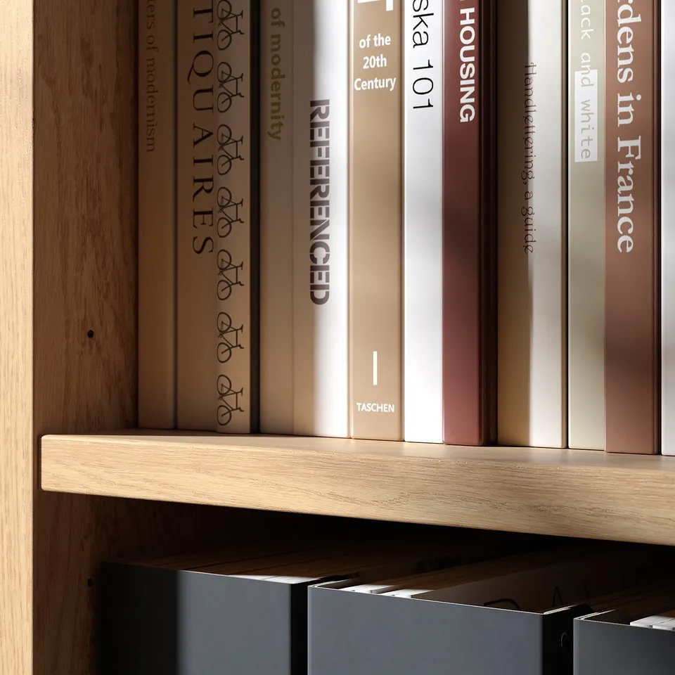 Neatly arranged books on smooth wooden shelves. If you need to shorten it further, consider: books on wooden shelves.