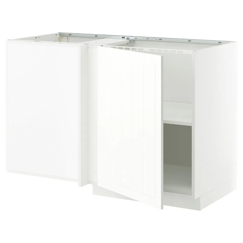 A white, minimalist, mountain-shaped kitchen unit from the METOD series. It includes an open shelf and a closed cabinet, designed for storage.