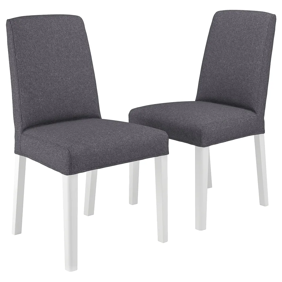 Pair of grey upholstered dining chairs with white legs, modern design, BERGMUND.