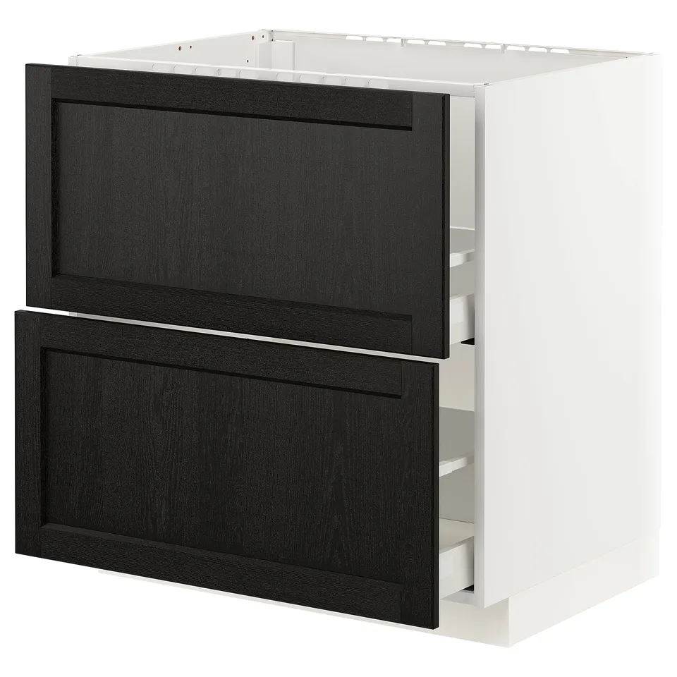 METOD kitchen unit, black-stained wood fronts, white frame, two large drawers.