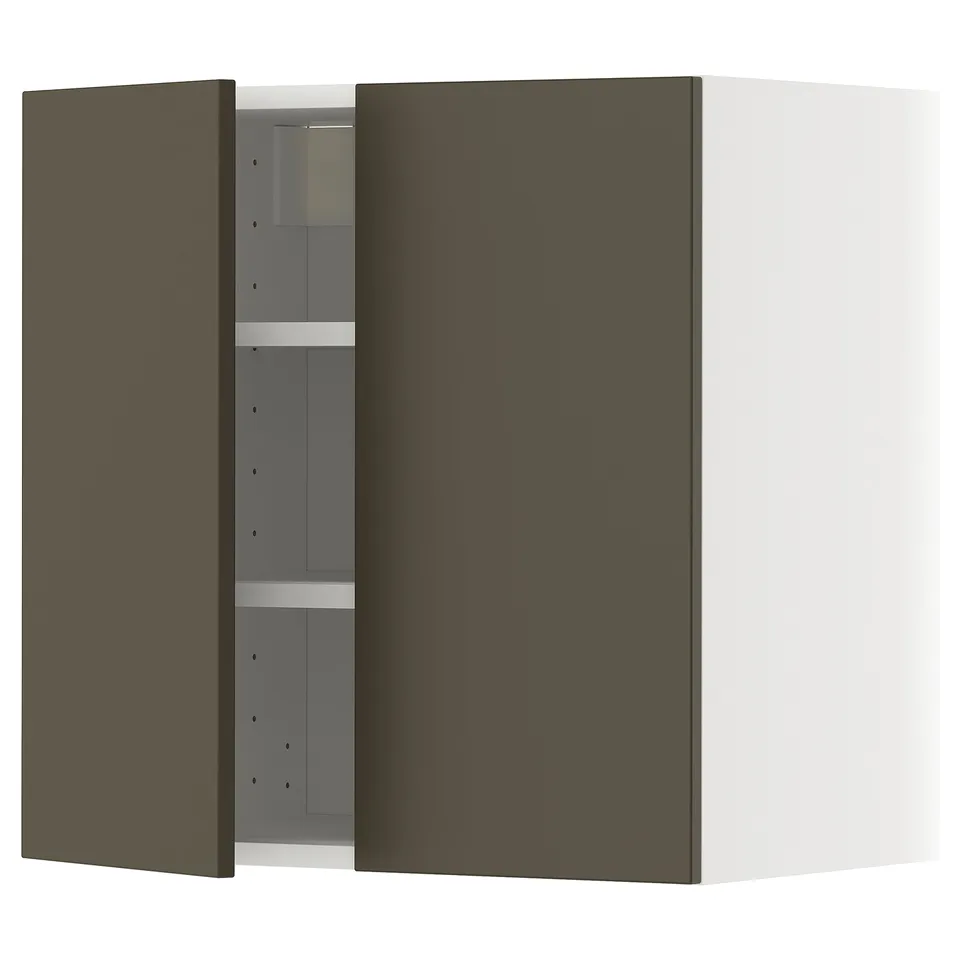 Dark brown beige METOD cabinet, square, two doors, adjustable shelves.