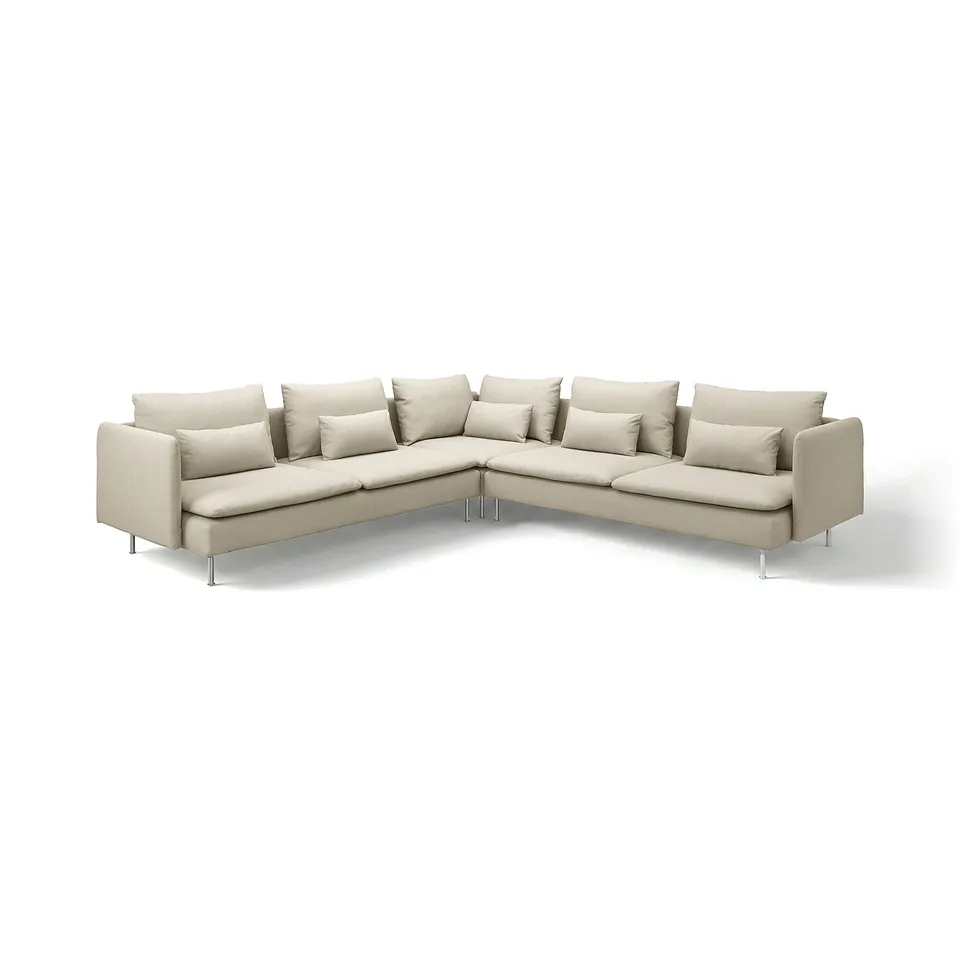 Modern, beige, l-shaped SÖDERHAMN sectional sofa with deep seating, loose cushions, and high legs.