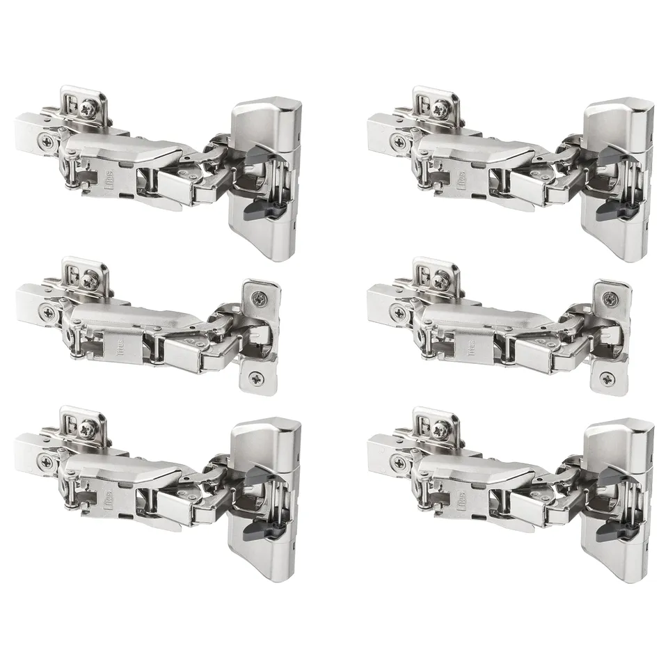 Six silver cabinet hinges displayed, each with adjustable arms and integrated dampers for slow, silent door closure.