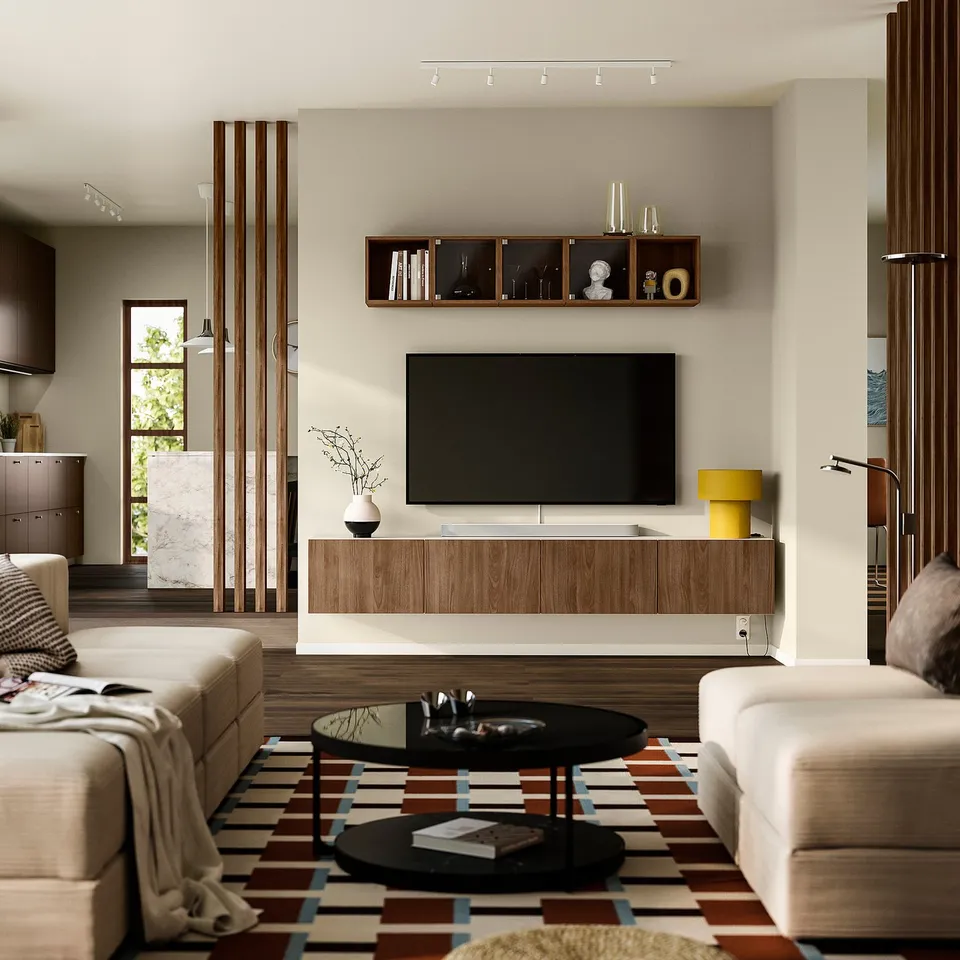 BESTÅ TV bench with doors, white Lappviken/brown walnut effect, 240x42x38 cm
