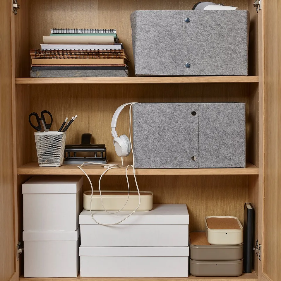 Wooden shelf with grey felt storage boxes, one holding headphones, another with stacked notebooks, and a white organiser with scissors and pens.