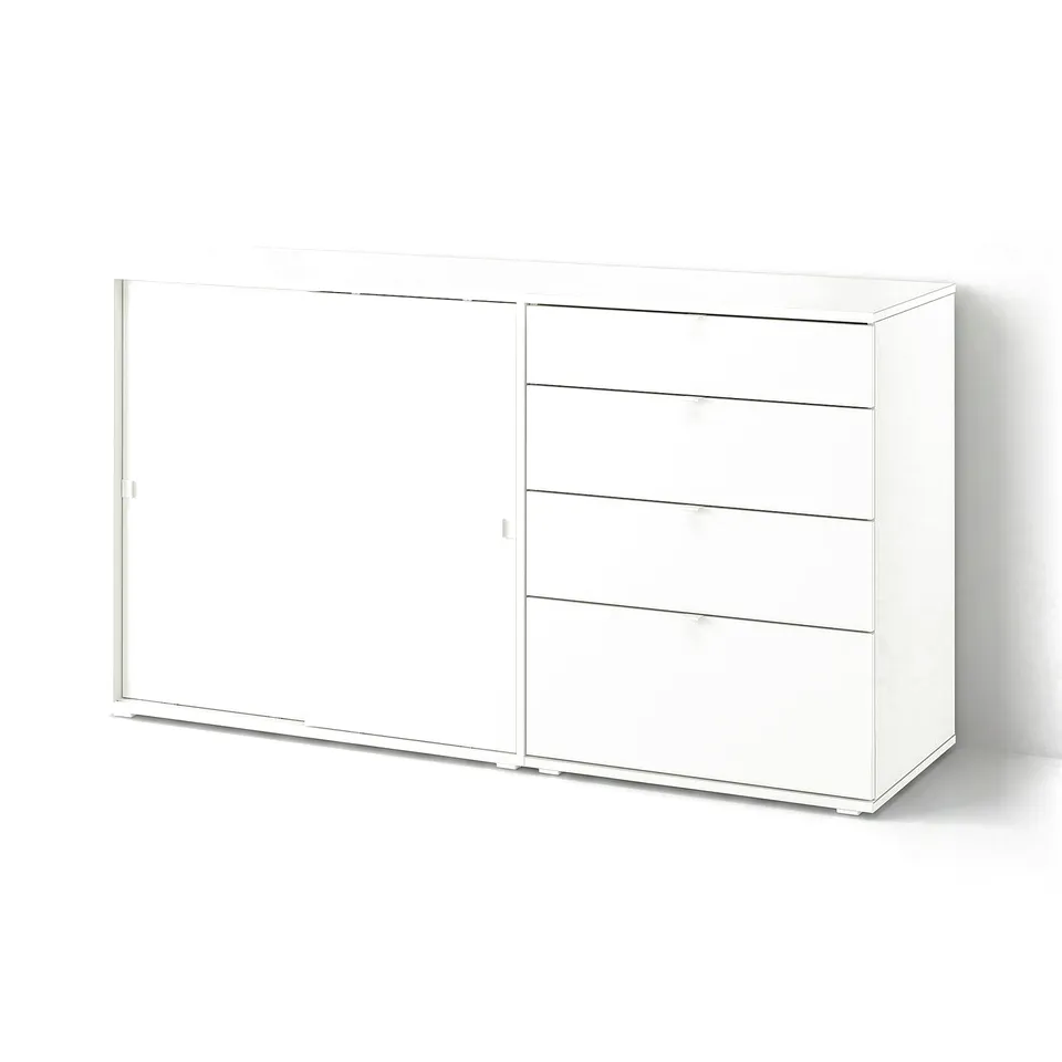 A white VIHALS cabinet with sliding doors and drawers, sleek design, modern furniture.