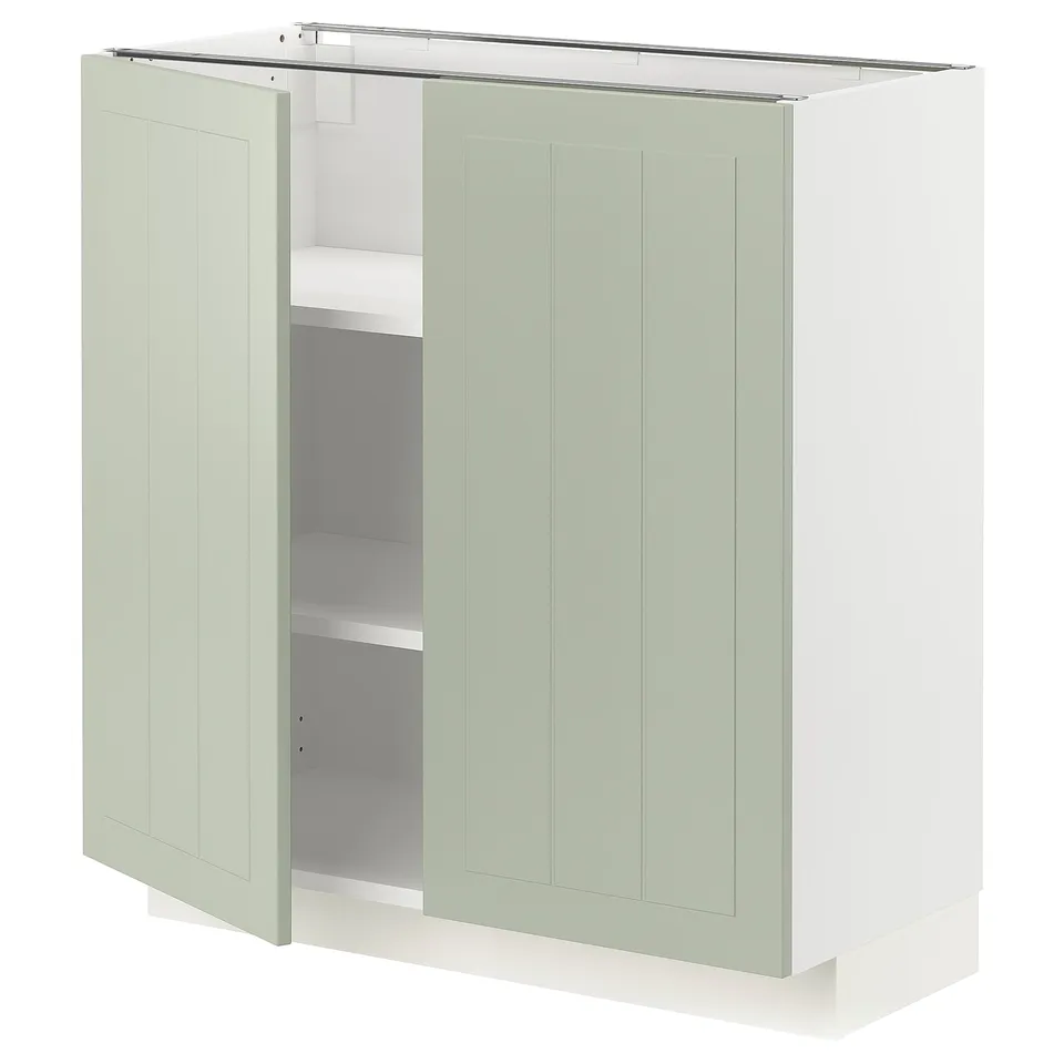 METOD kitchen cabinet in green with white interior, square shape, two doors, adjustable shelves.
