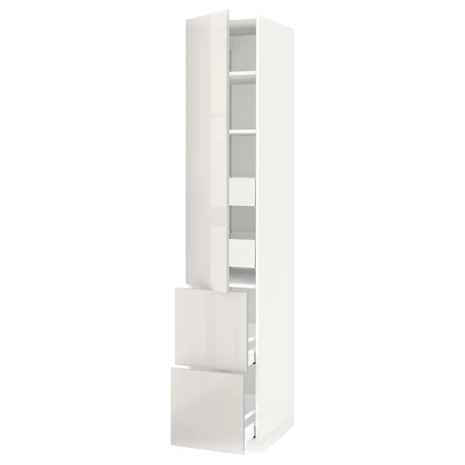 A tall white METOD kitchen cabinet with glossy finish and adjustable shelves.