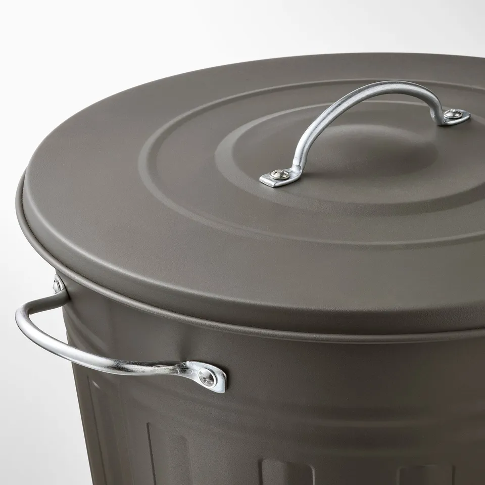 Large grey metal bin with lid and sturdy handles, designed for durability and ease of use.
