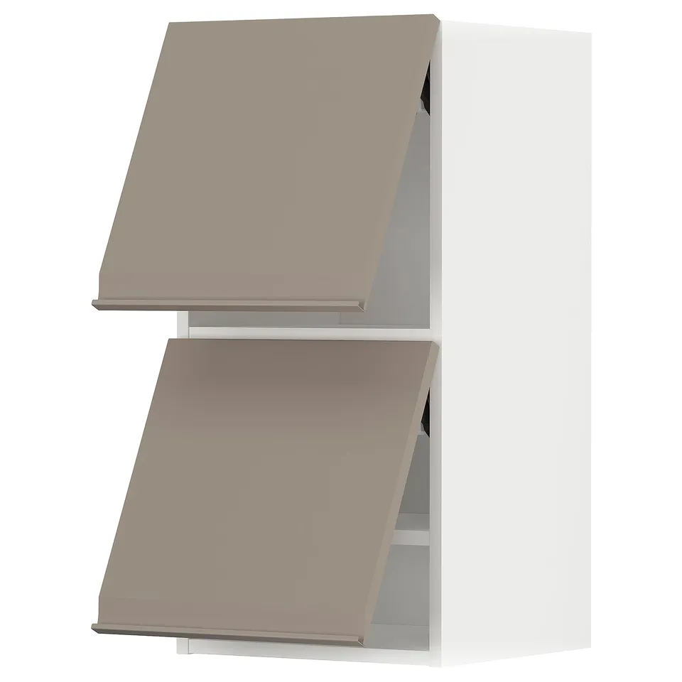 Modern kitchen setup with two beige upplöv cabinet fronts, featuring integrated handles and clean, chamfered edges.