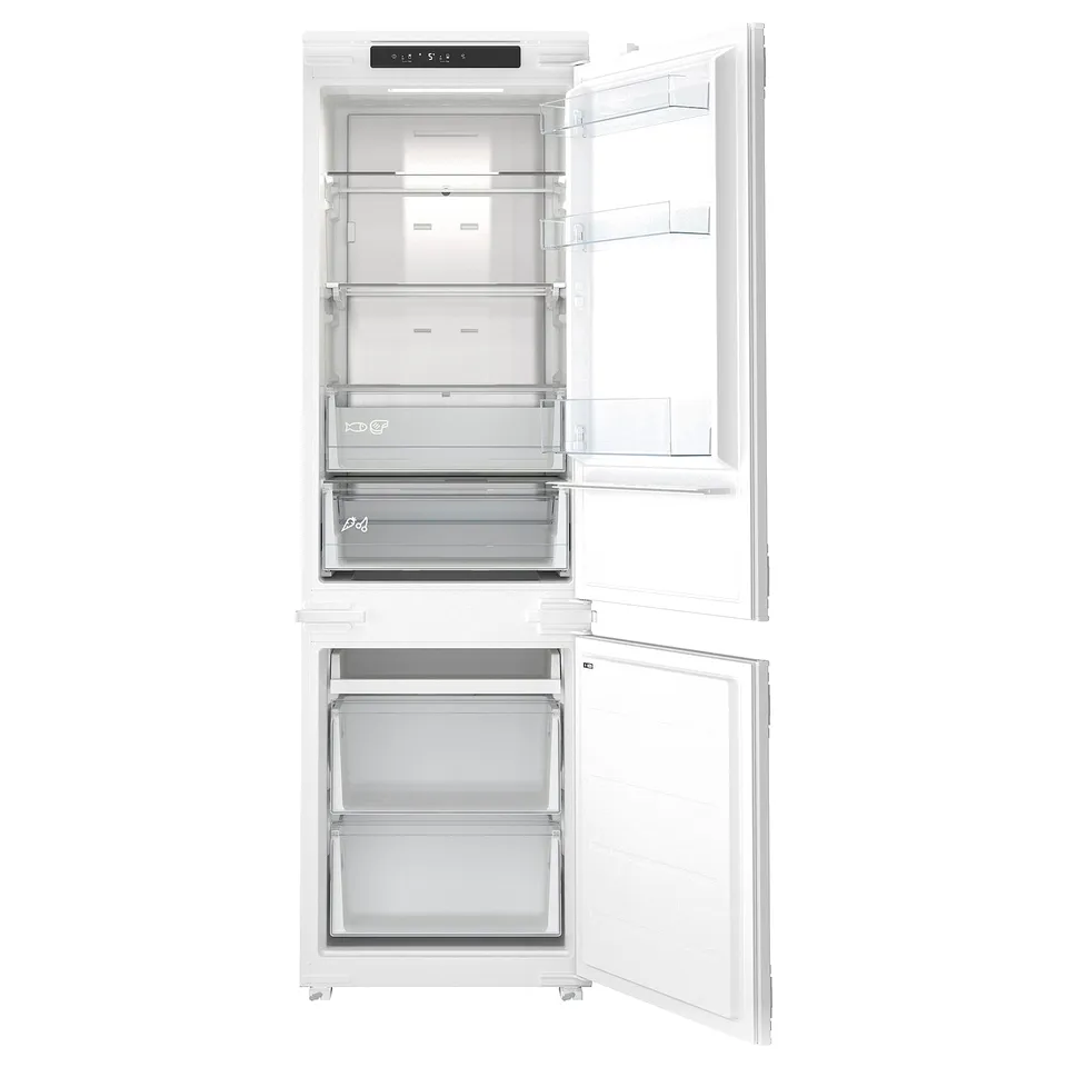 Open white refrigerator, showing empty fridge and freezer sections, clear shelves and drawers, black control panel atop.