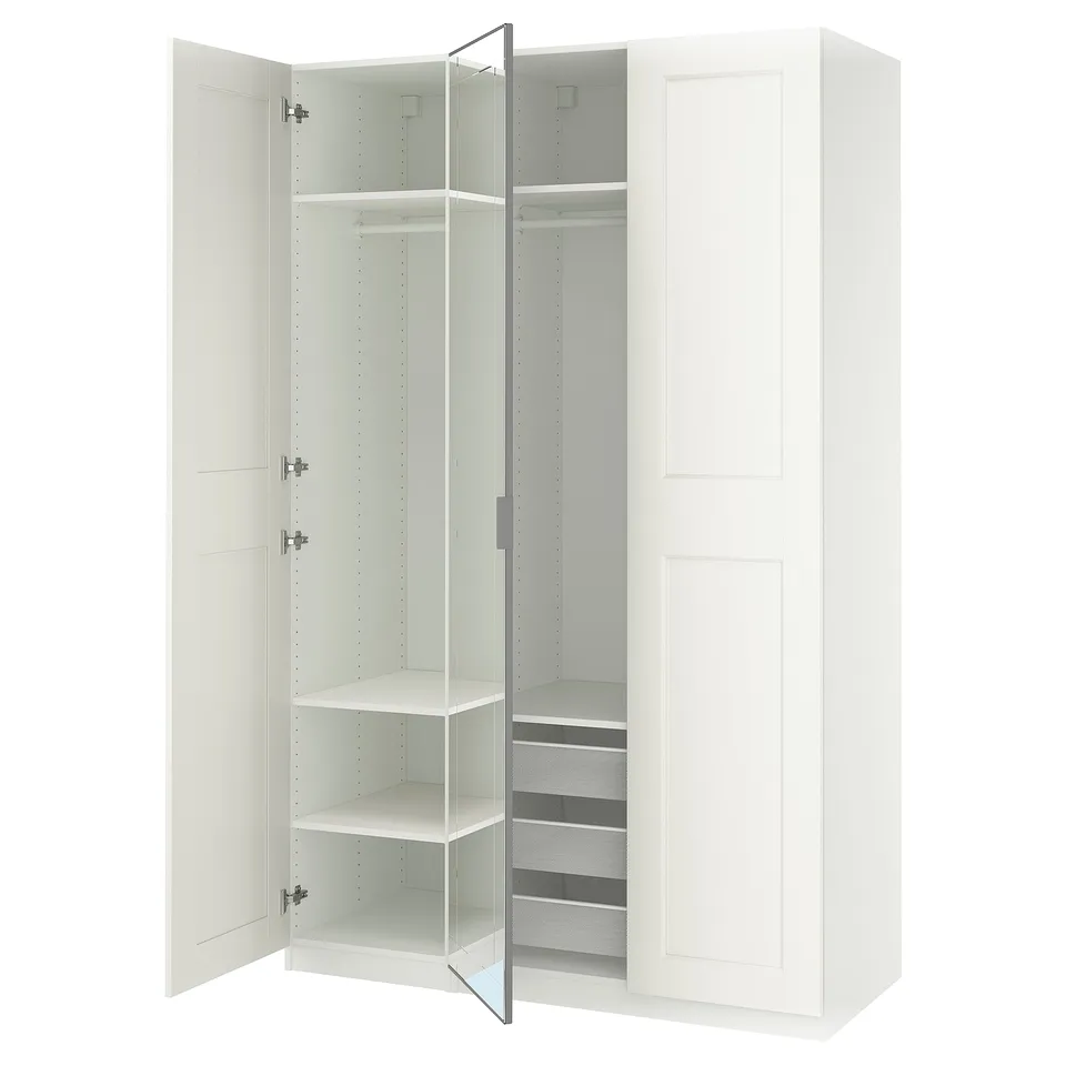 White PAX wardrobe, open doors showing shelves and drawers, modern minimalist design.
