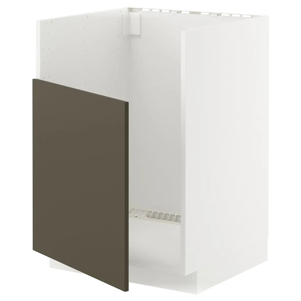 A white METOD kitchen cabinet with a dark brown havstorp door. It modern design elements and multiple shelves, ideal for kitchen storage.