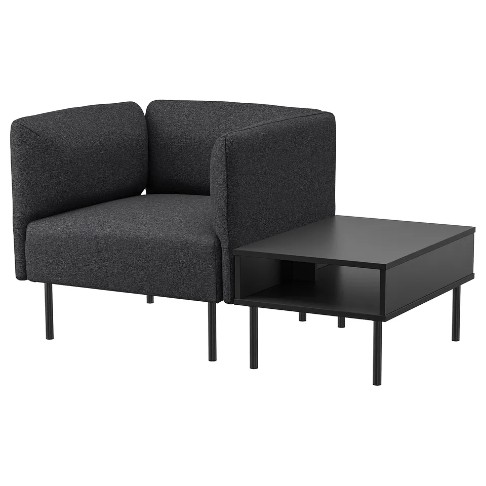 Modern dark grey LILLEHEM sofa and coffee table set. Sofa is two seaters with metal legs, table has open shelf.