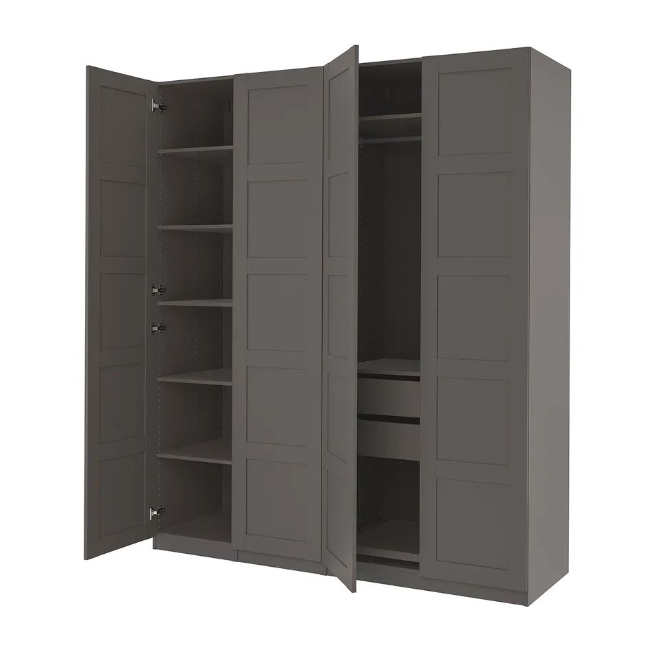 An open grey PAX wardrobe, showcasing multiple shelves and drawers for storage.