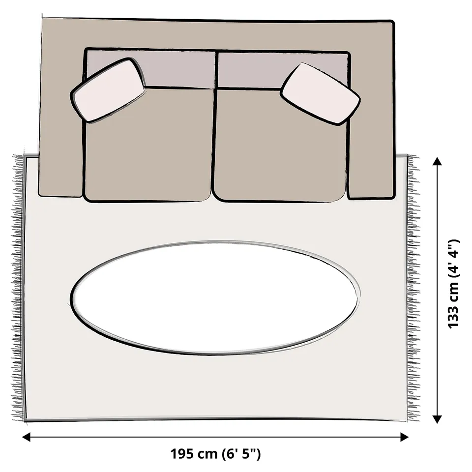 STOENSE rug: rectangular, beige, plush, with rounded edges, shown next to size ruler.