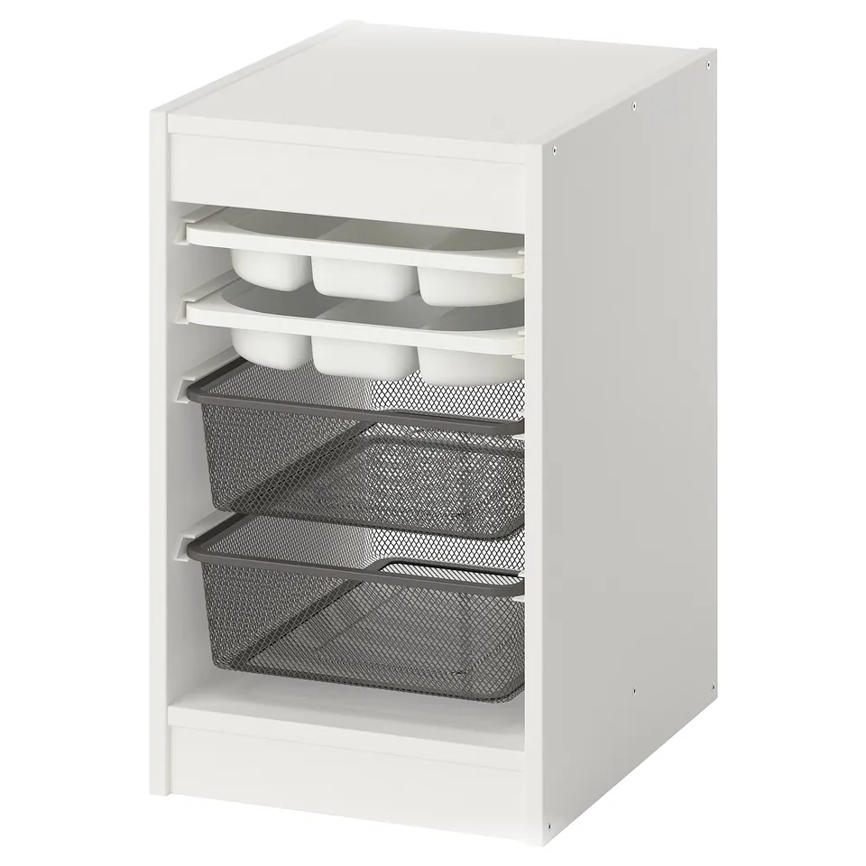 White TROFAST storage unit with mesh baskets and trays.