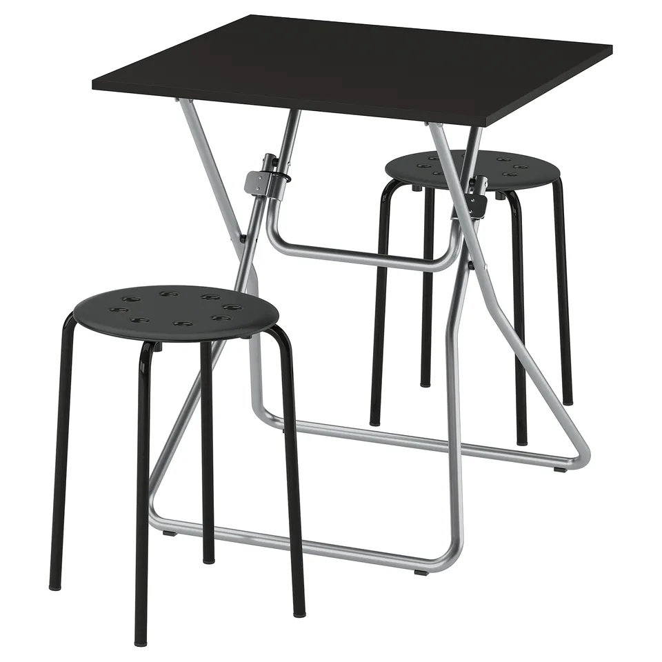 GUNDE / MARIUS Table and 2 stools, folding black/black, 67x67 cm
