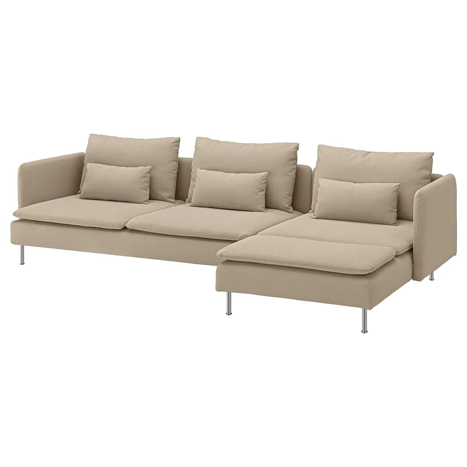 Modern beige sectional sofa with chaise, slim lines, high legs, supportive cushions.