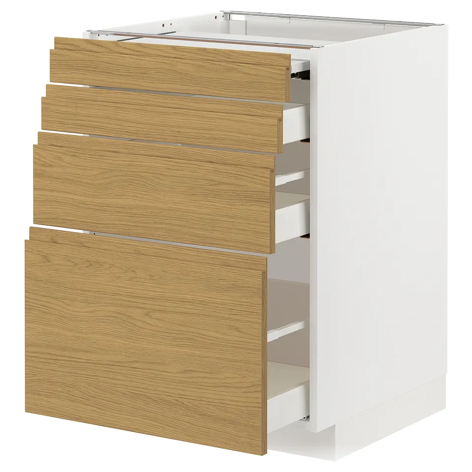 White cabinet with light wood drawers, minimalist design, steel runners.
