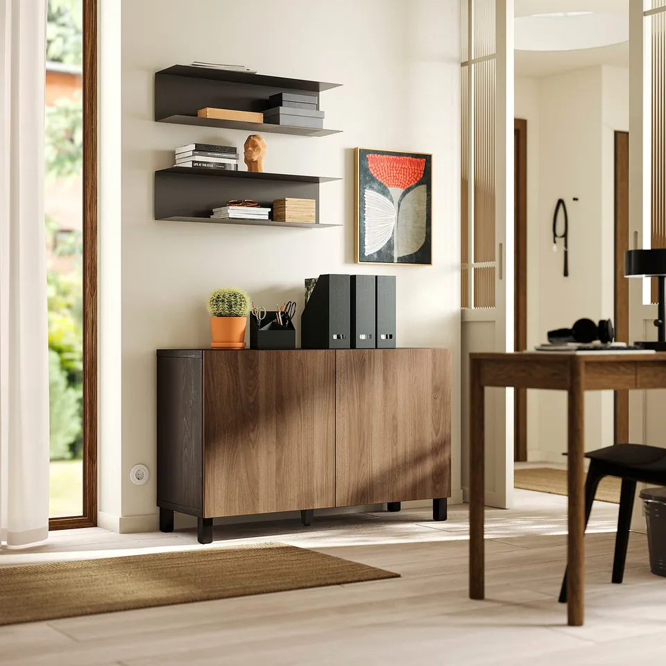 BESTÅ Storage combination with doors, black-brown Lappviken/Stubbarp/brown walnut effect, 120x42x74 cm