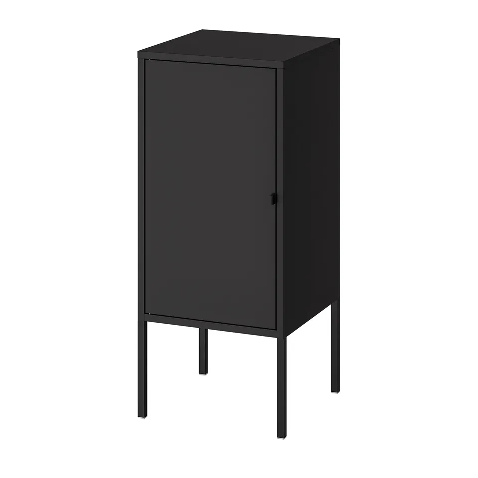 A black LIXHULT storage cabinet with a sleek, minimalist design, featuring a single door and four protruding metal legs.