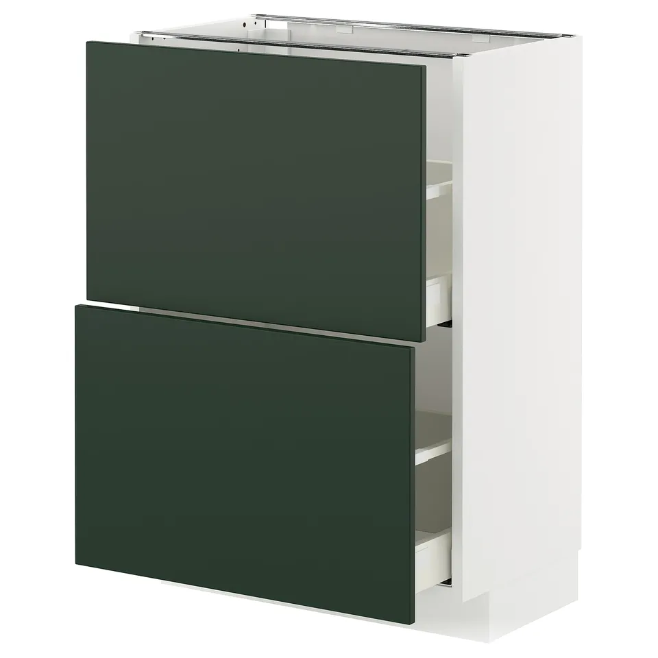 Modern green kitchen cabinet with drawers.