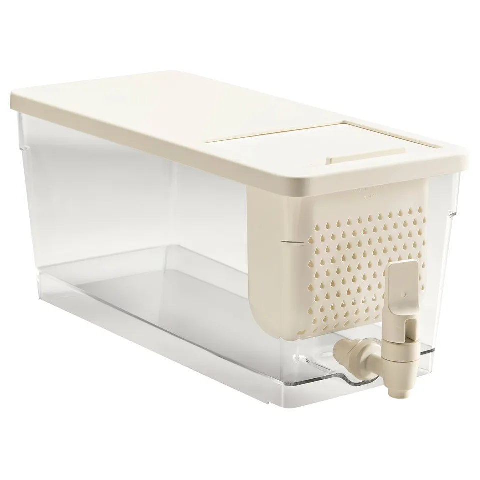 KLIPPKAKTUS white chilled beverage container with tap, made of plastic, for refrigerator use.