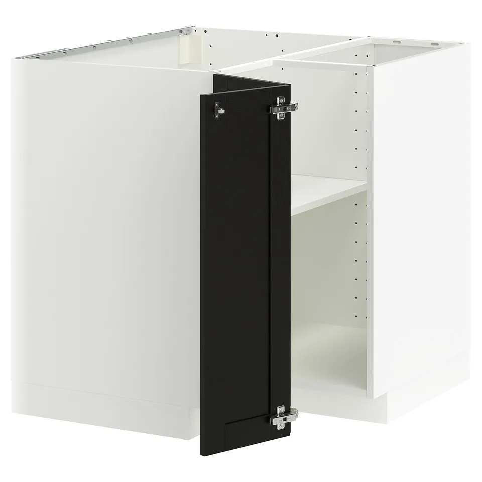 METOD kitchen unit: white cube, black door, bevelled edges, sturdy ash & particleboard structure.