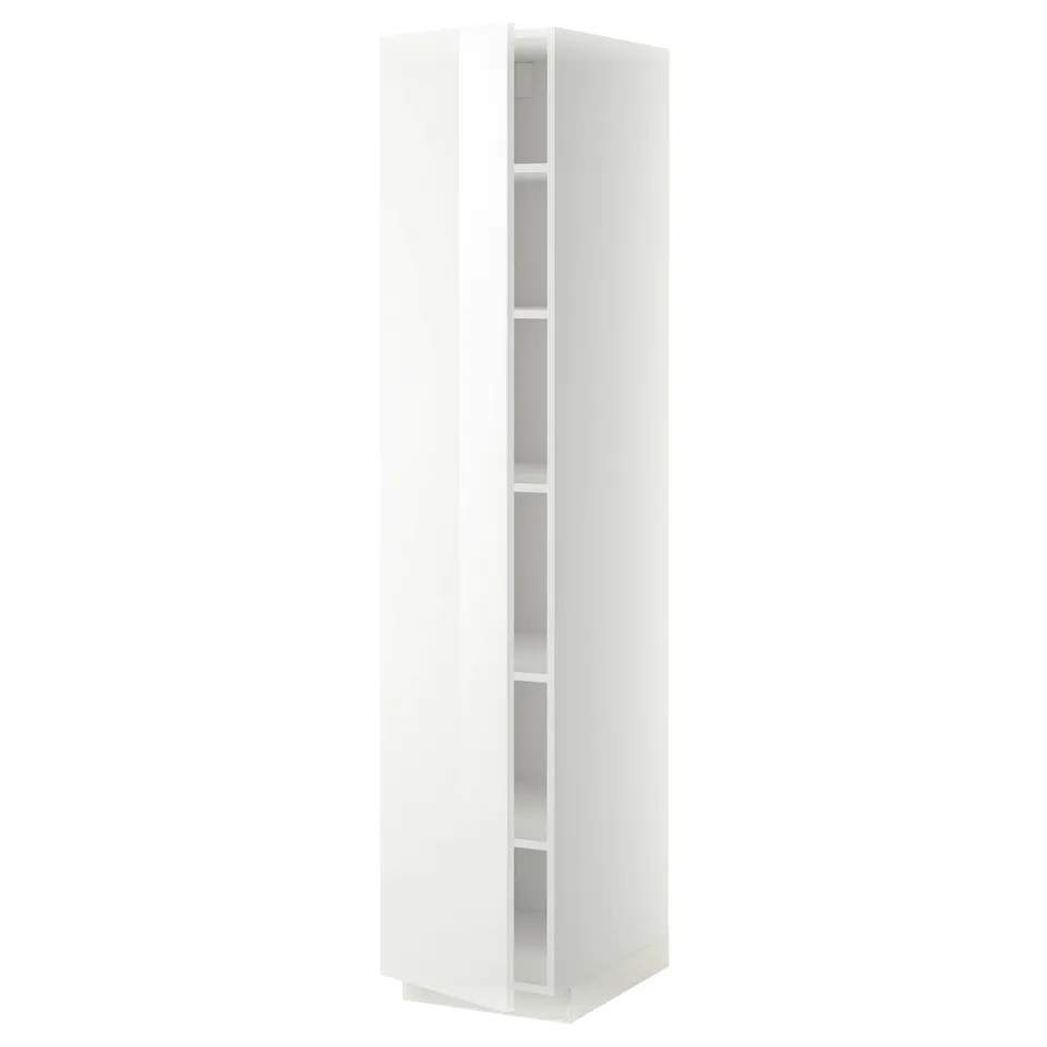 White METOD tall kitchen cabinet with 3 shelves, high-gloss finish.