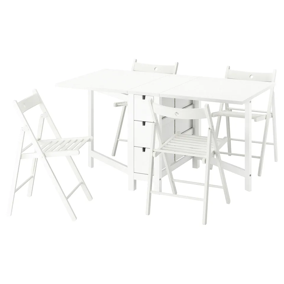 NORDEN white folding table & chairs set. Simplistic, functional design for space-saving.