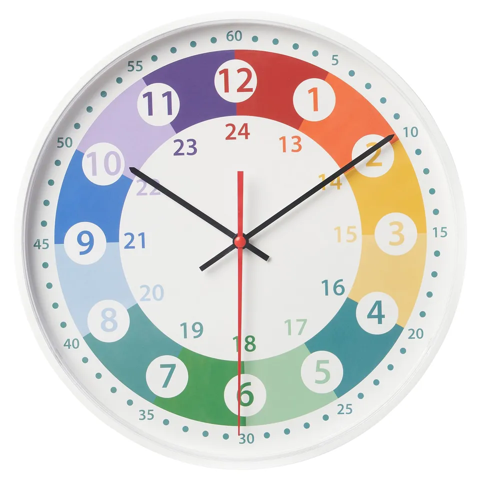 Colourful wall clock with silent quartz movement displaying hours, minutes, and seconds; vibrant colours in quarters.