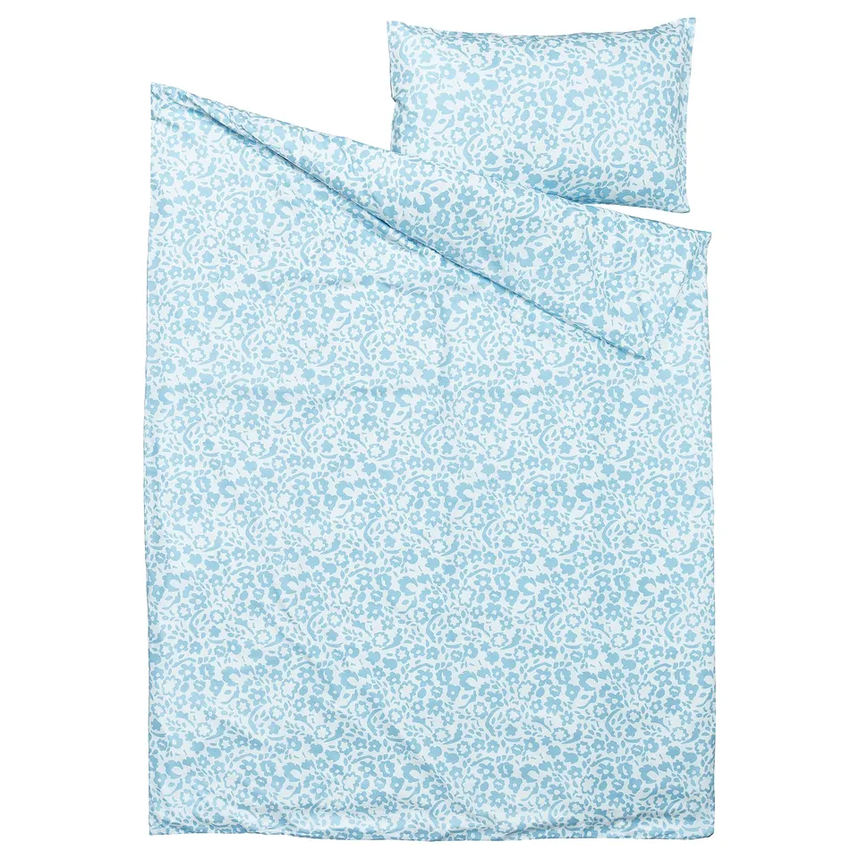 CYMBALBLOMMA bedding set in blue, featuring modern floral print on light blue recycled polyester, including comforter and pillowcase.