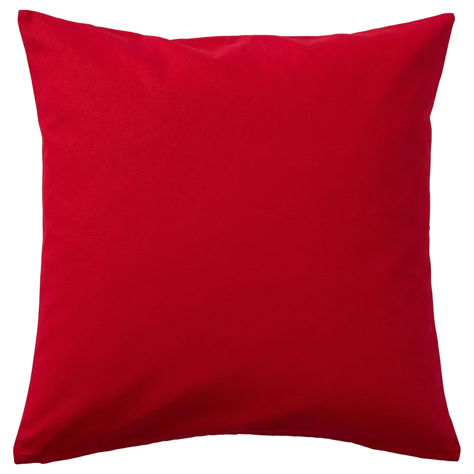 Solid red square cushion, soft cotton fabric, plain design.