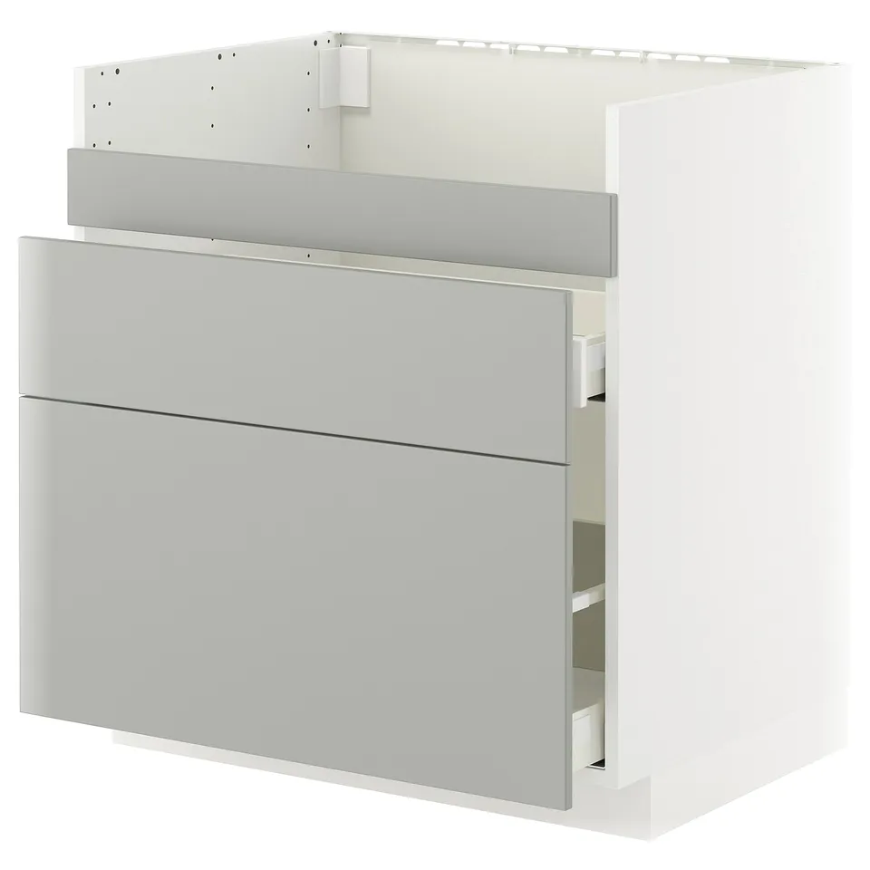 Modern grey kitchen unit with three drawers and sleek design.