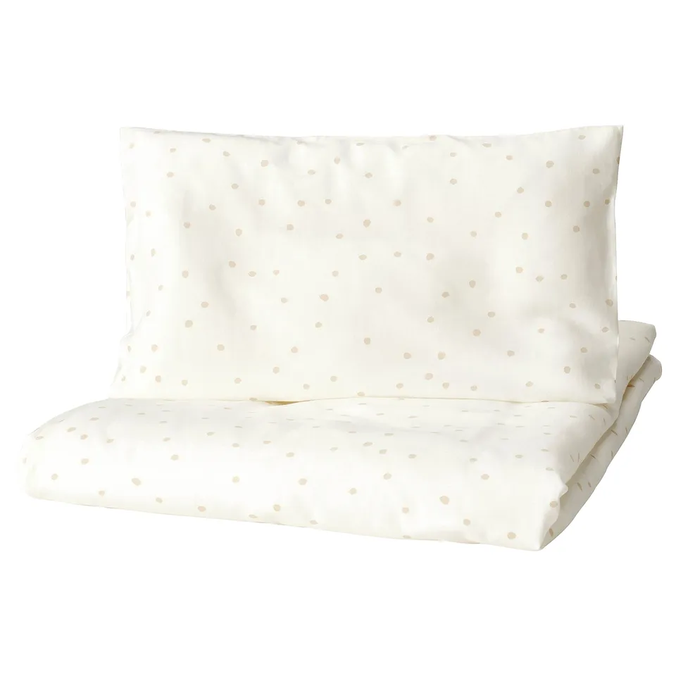 LEN Duvet cover 1 pillowcase for cot, white beige/dot pattern, 110x125/35x55 cm
