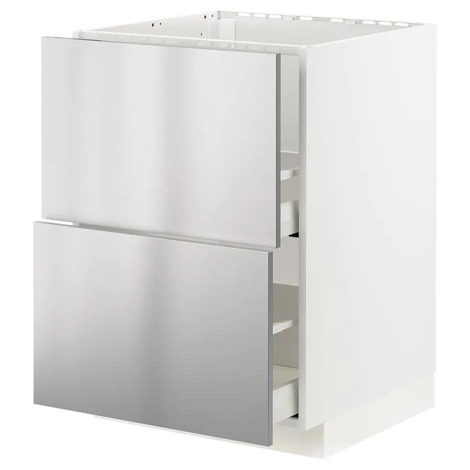 White METOD kitchen unit, square, stainless steel drawer fronts.
